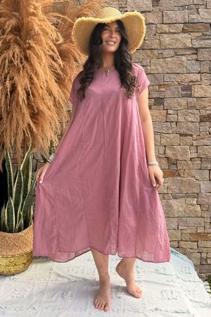 Made in Italy Sa Caleta Cotton Cap Sleeve Pocket Midaxi Dress Indian Pink